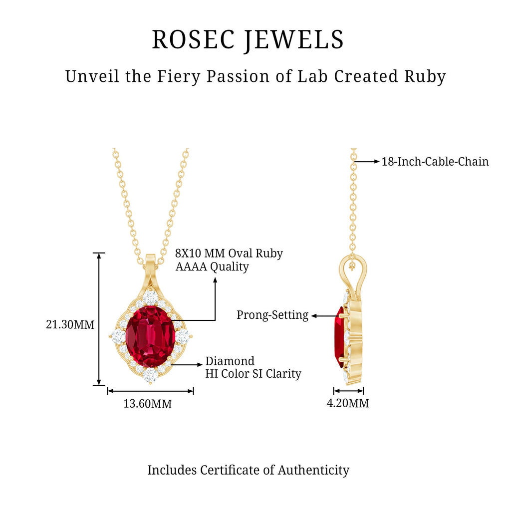 4 Carat Lab Grown Ruby Vintage Inspired Necklace with Diamond Halo