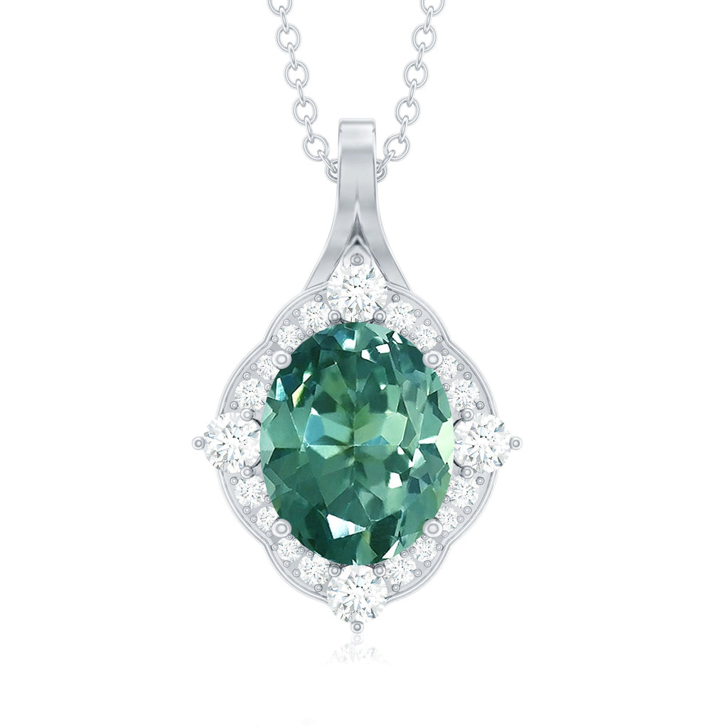 Vintage Inspired Oval Created Green Sapphire and Diamond Halo Pendant