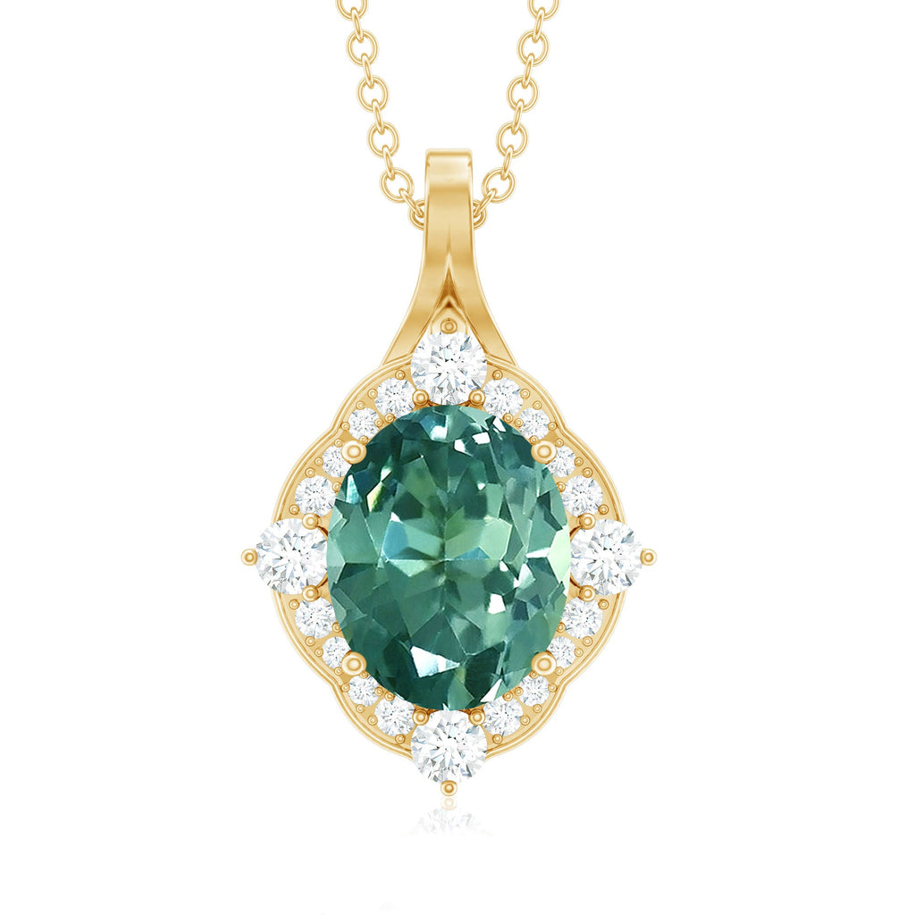 Vintage Inspired Oval Created Green Sapphire and Diamond Halo Pendant
