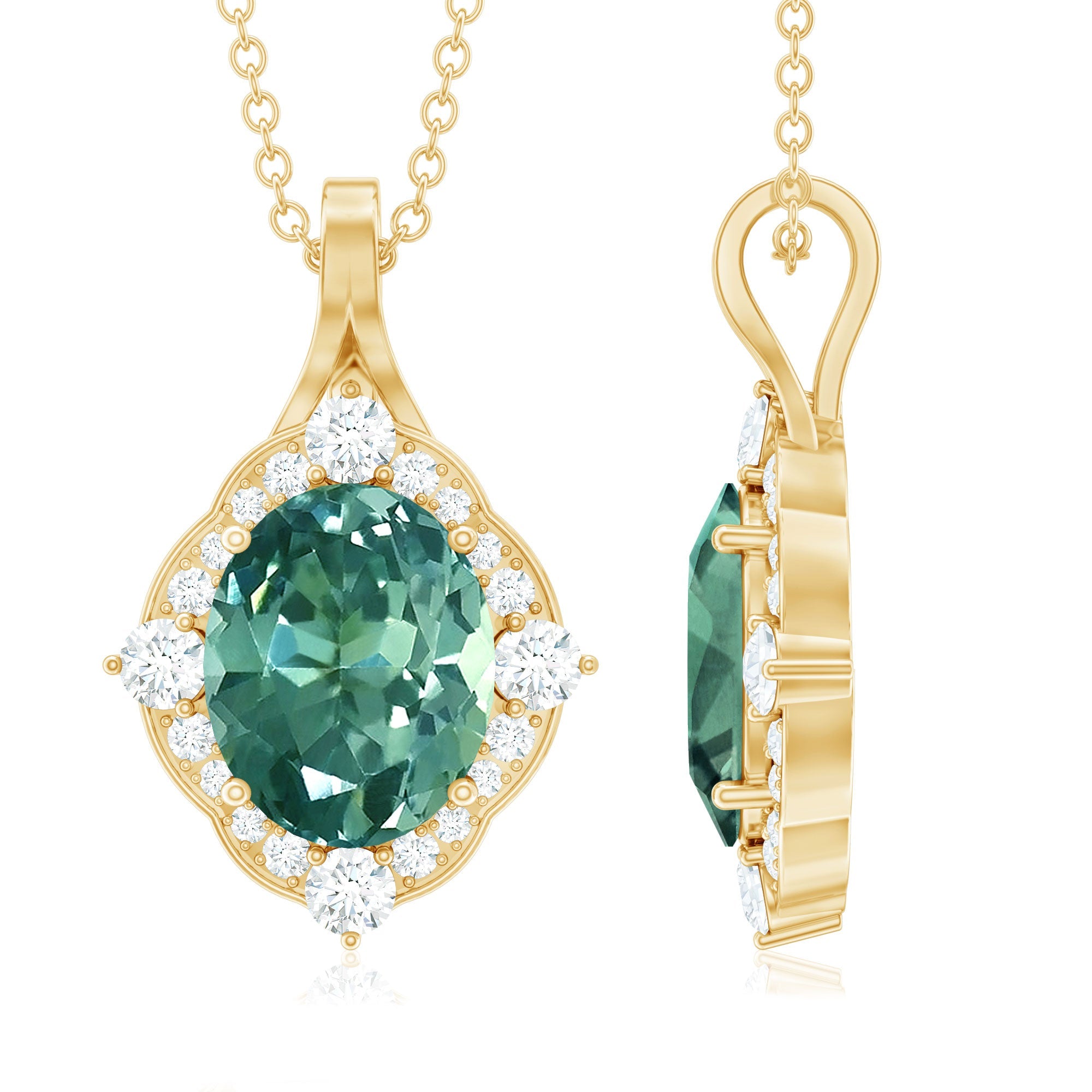 Vintage Inspired Oval Created Green Sapphire and Diamond Halo Pendant