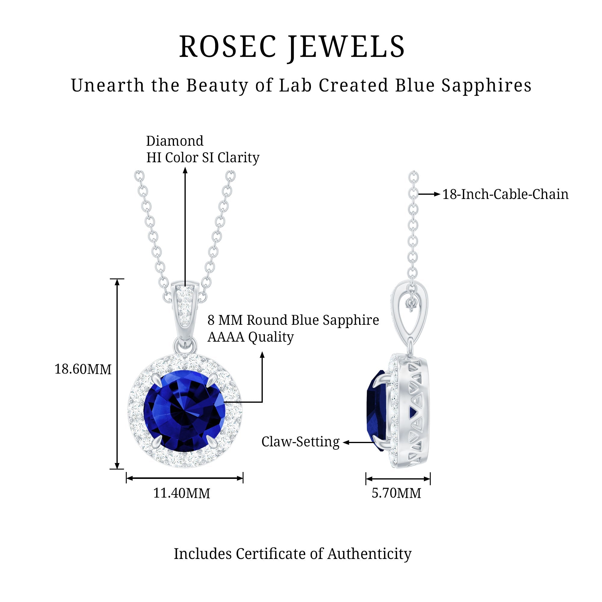 2.74 Carat Round Lab Created Blue Sapphire Halo Necklace with White Diamond