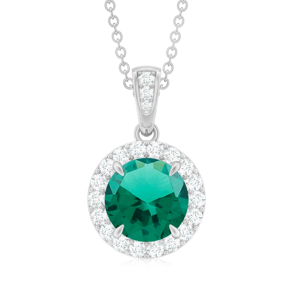 Round Cut Lab Grown Emerald Necklace With Moissanite Halo