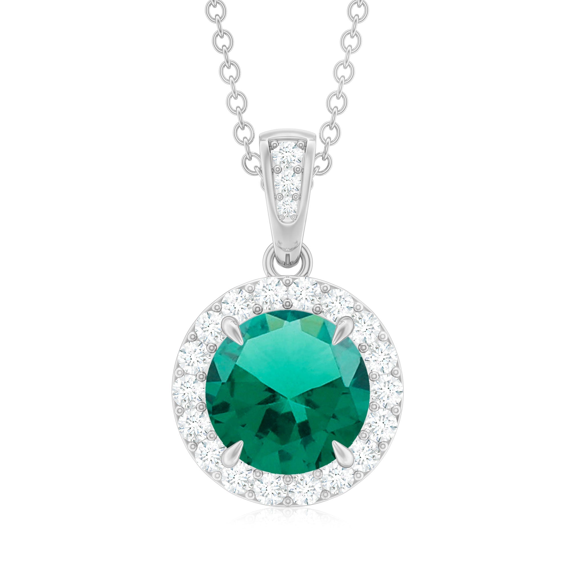 Round Cut Lab Grown Emerald Necklace With Moissanite Halo