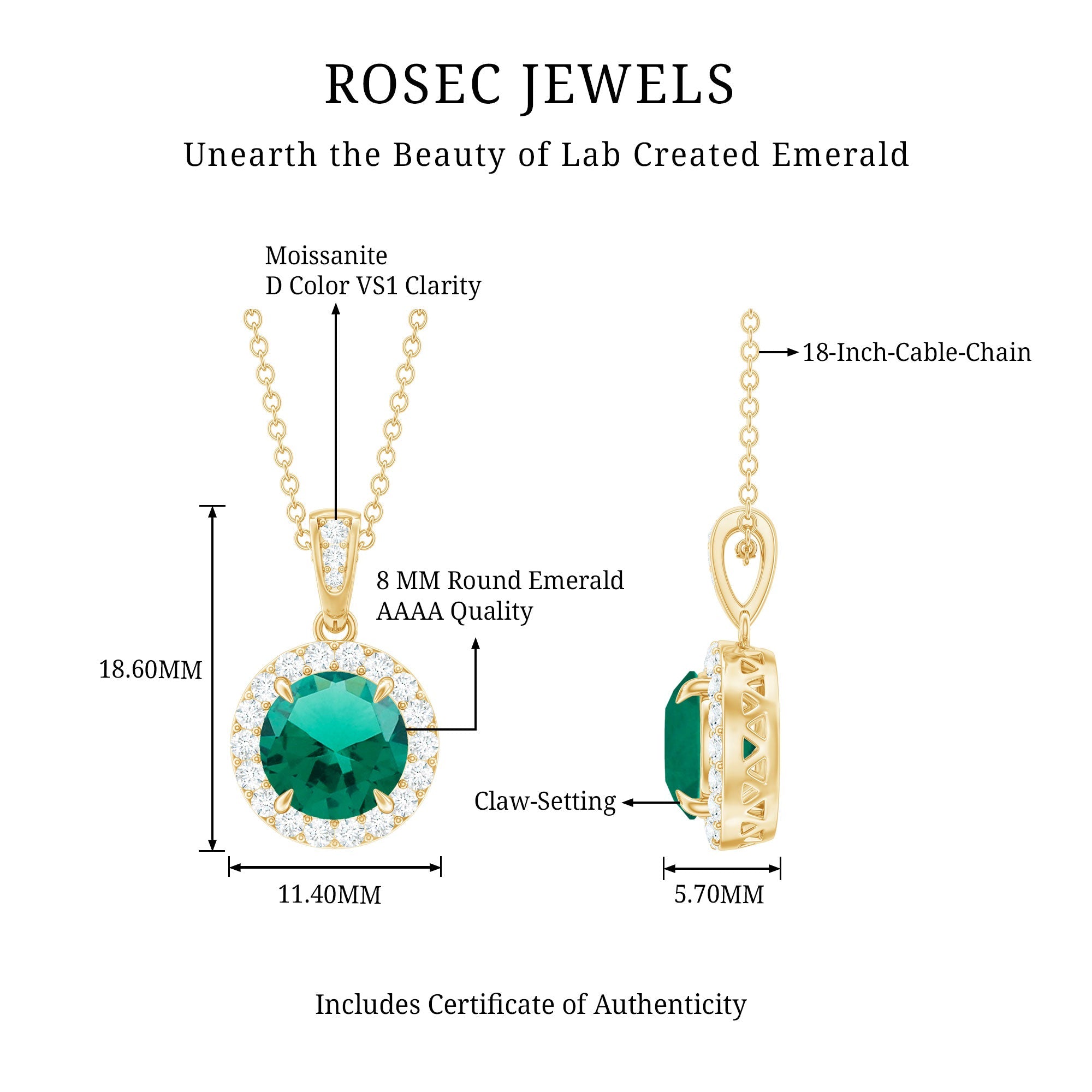 Round Cut Lab Grown Emerald Necklace With Moissanite Halo