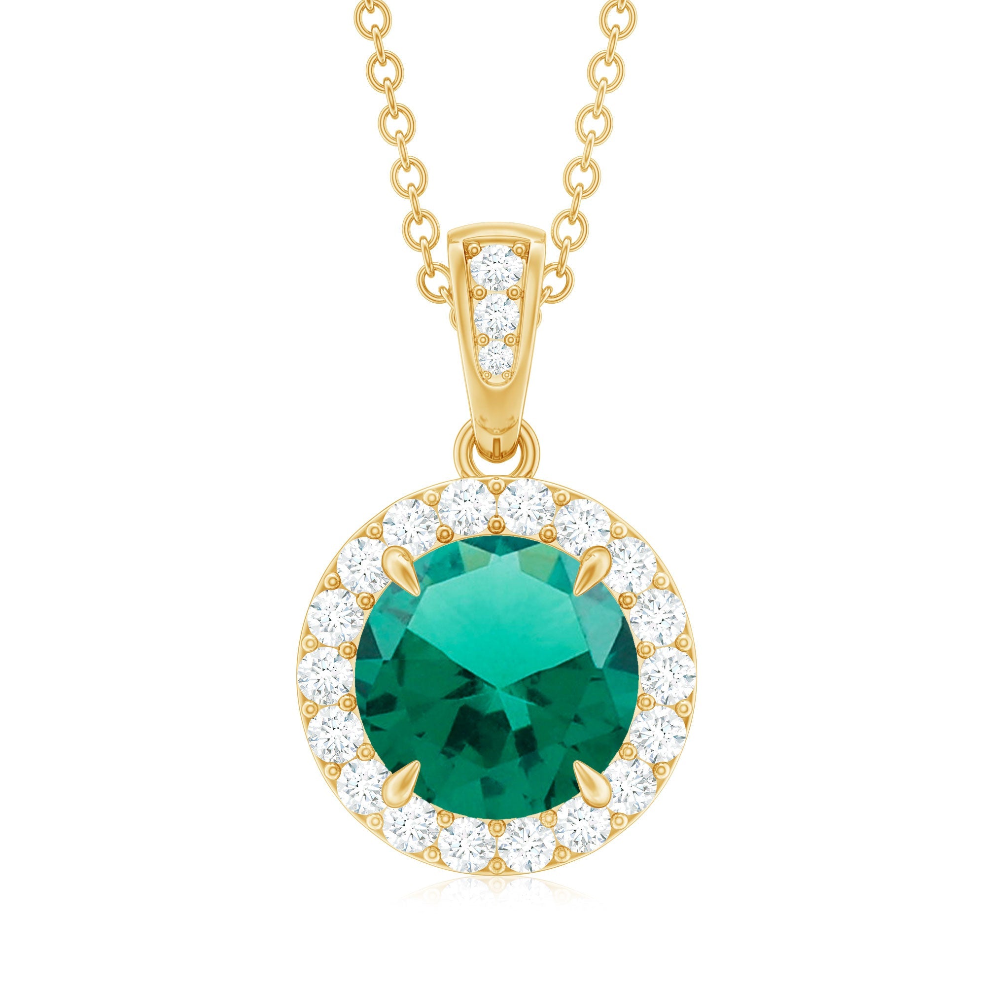 Round Cut Lab Grown Emerald Necklace With Moissanite Halo