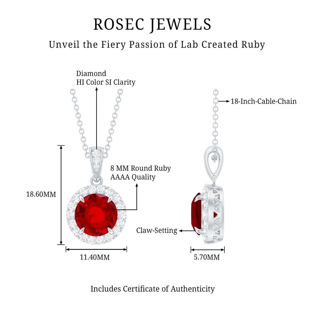 Round Created Ruby and Diamond Classic Halo Pendant