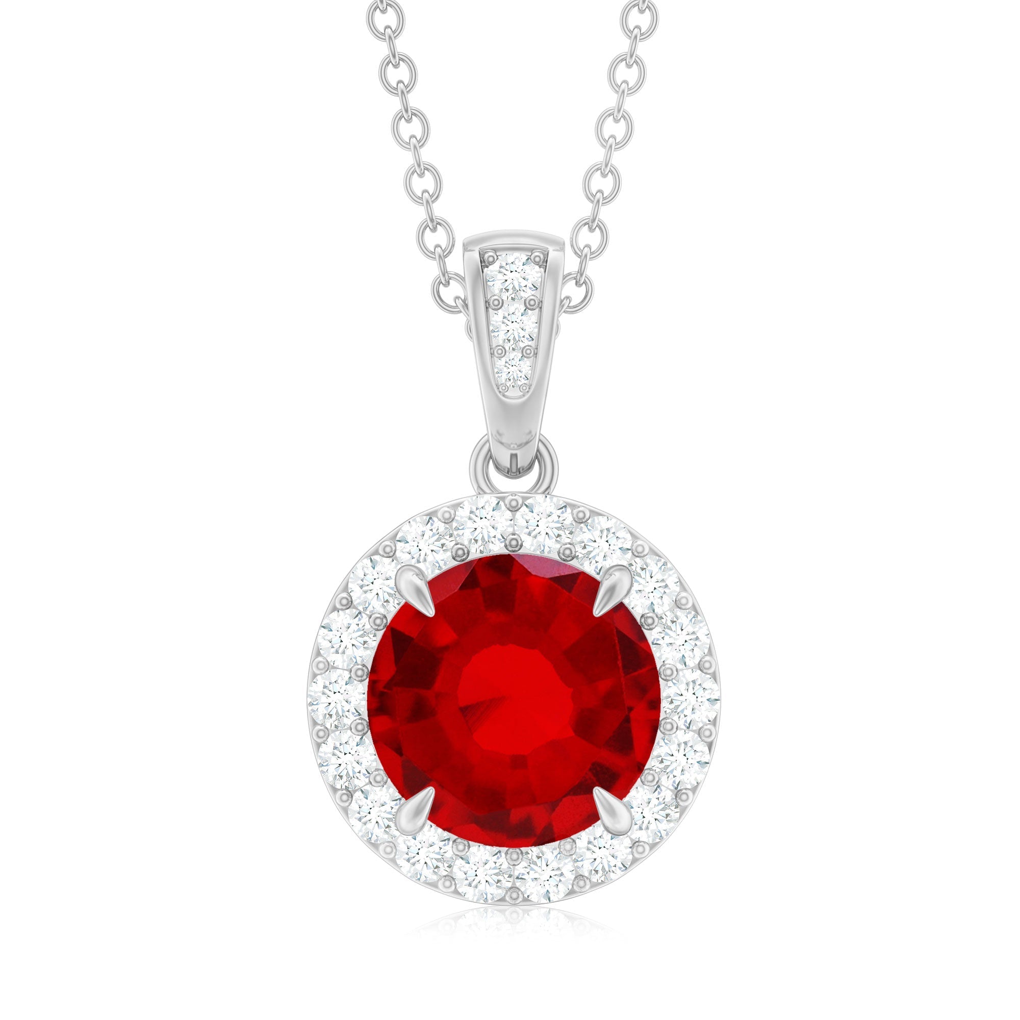 Round Created Ruby and Diamond Classic Halo Pendant