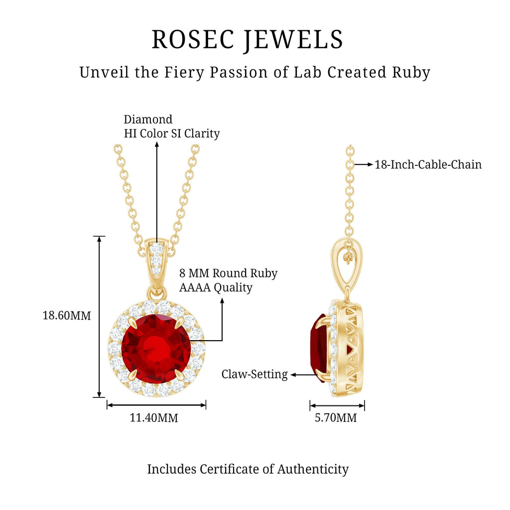 Round Created Ruby and Diamond Classic Halo Pendant
