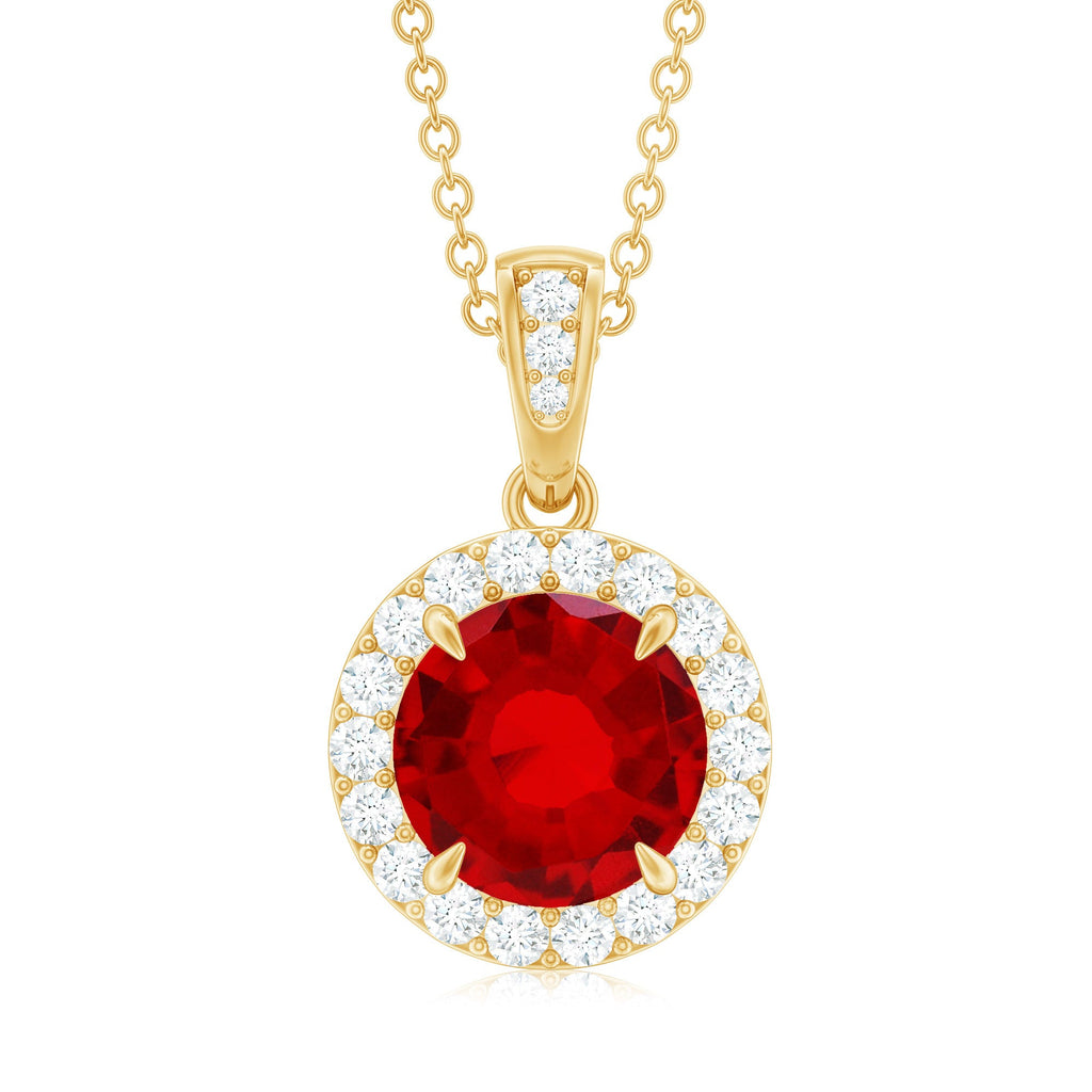 Round Created Ruby and Diamond Classic Halo Pendant