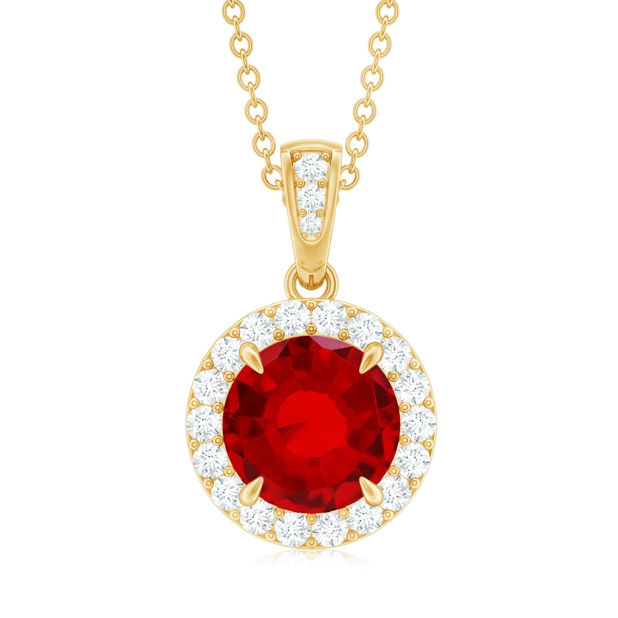 Round Created Ruby and Diamond Classic Halo Pendant