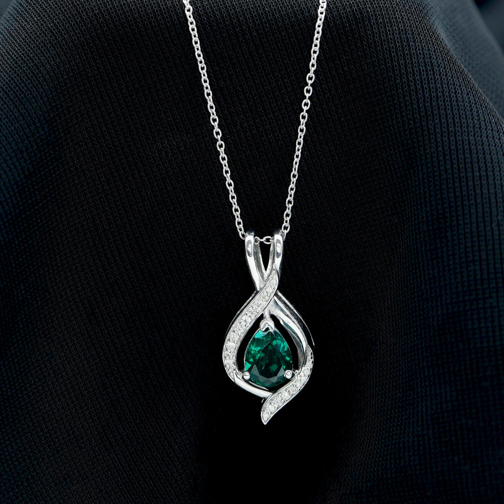 Pear Cut Created Emerald Teardrop Pendant with Moissanite