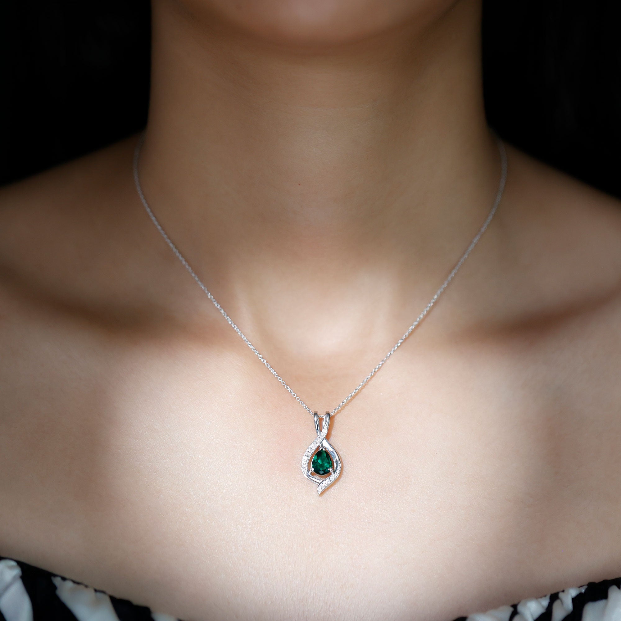 Pear Cut Created Emerald Teardrop Pendant with Moissanite