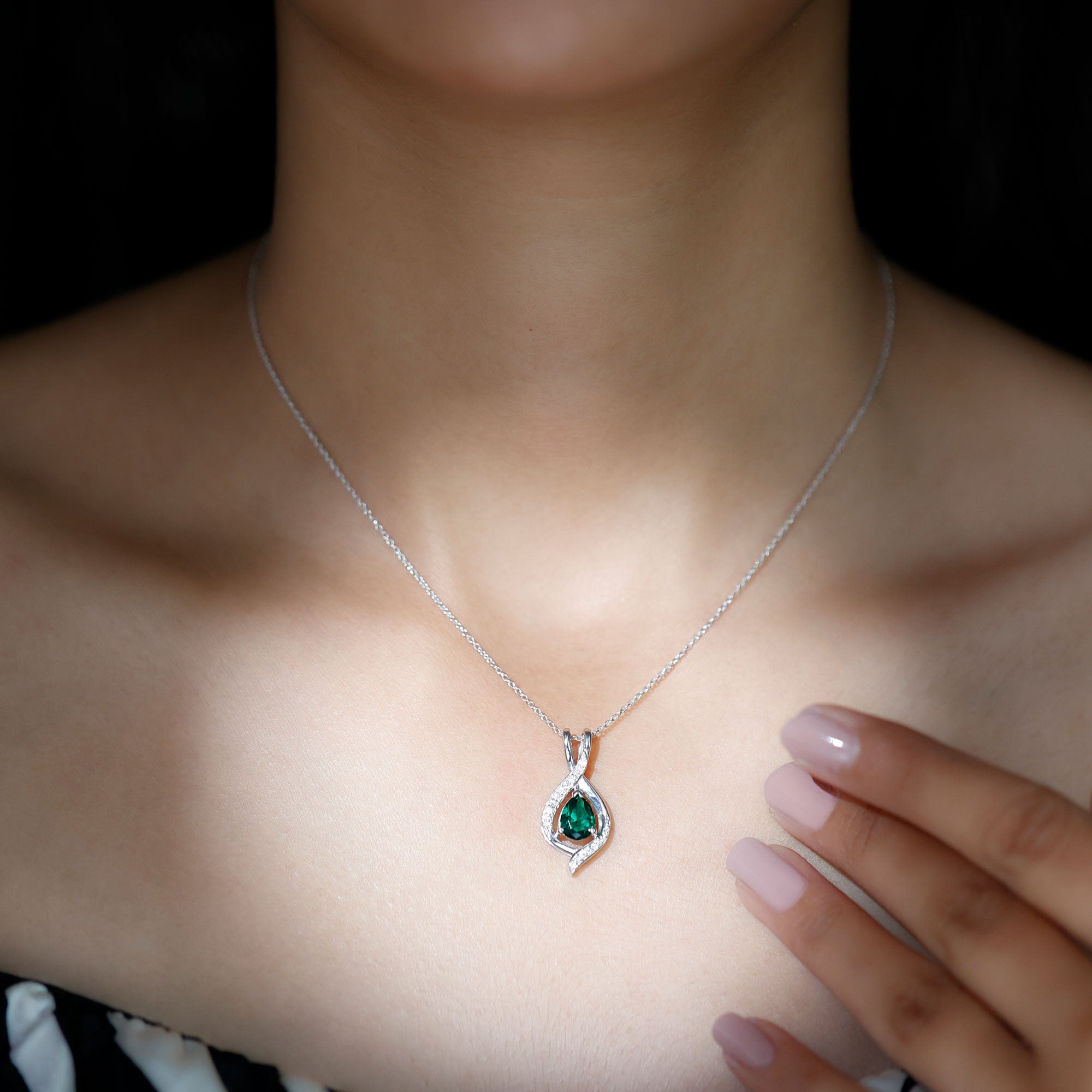 Pear Cut Created Emerald Teardrop Pendant with Moissanite