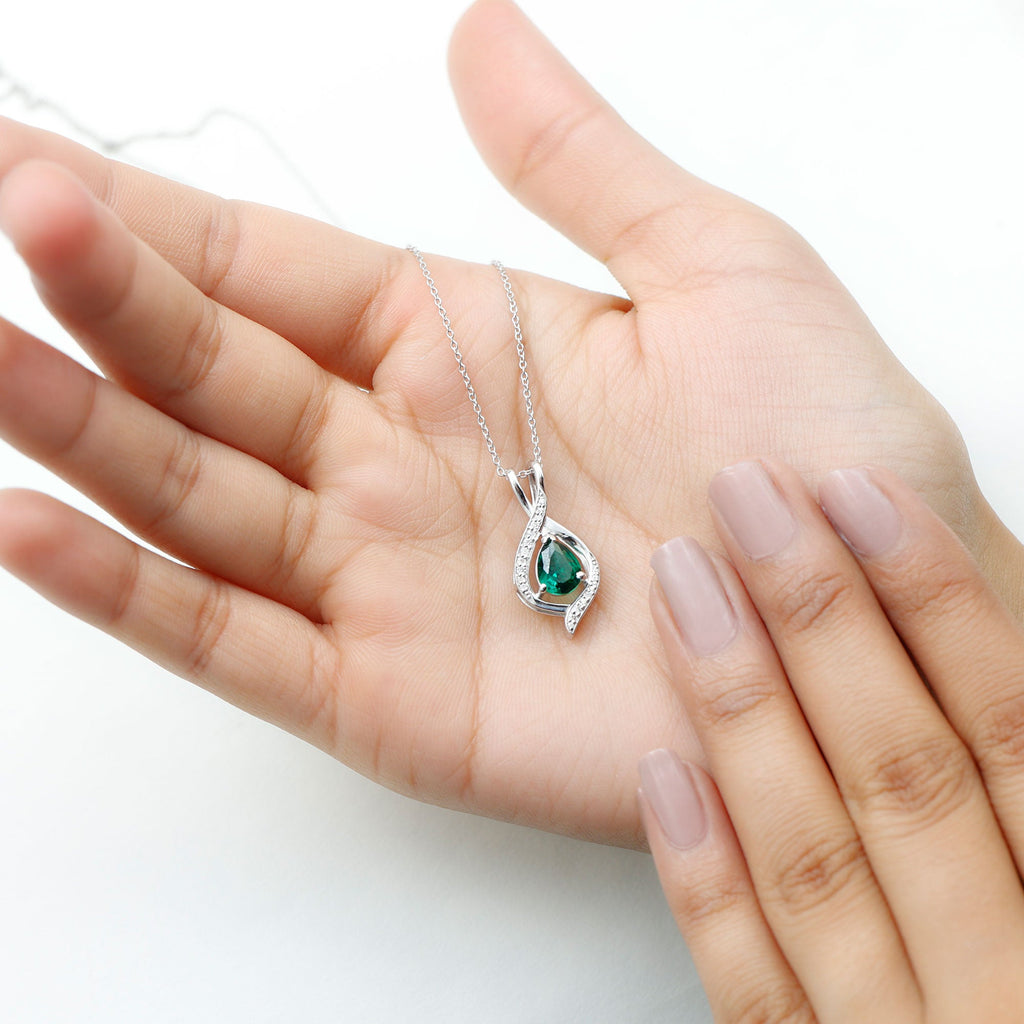 Pear Cut Created Emerald Teardrop Pendant with Moissanite