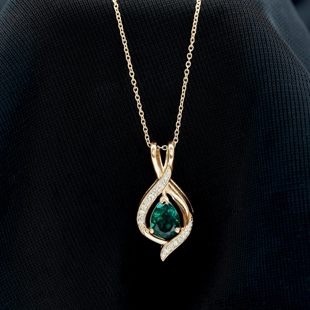 Pear Cut Created Emerald Teardrop Pendant with Moissanite