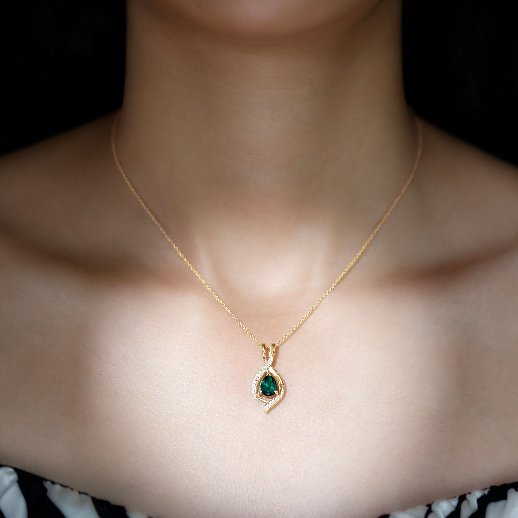 Pear Cut Created Emerald Teardrop Pendant with Moissanite