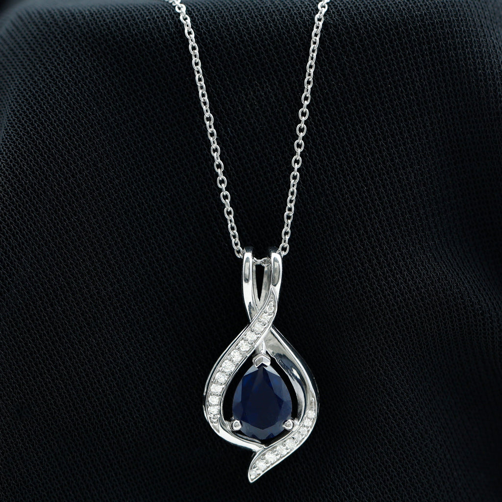 Certified Lab Created Blue Sapphire Teardrop Necklace with Moissanite