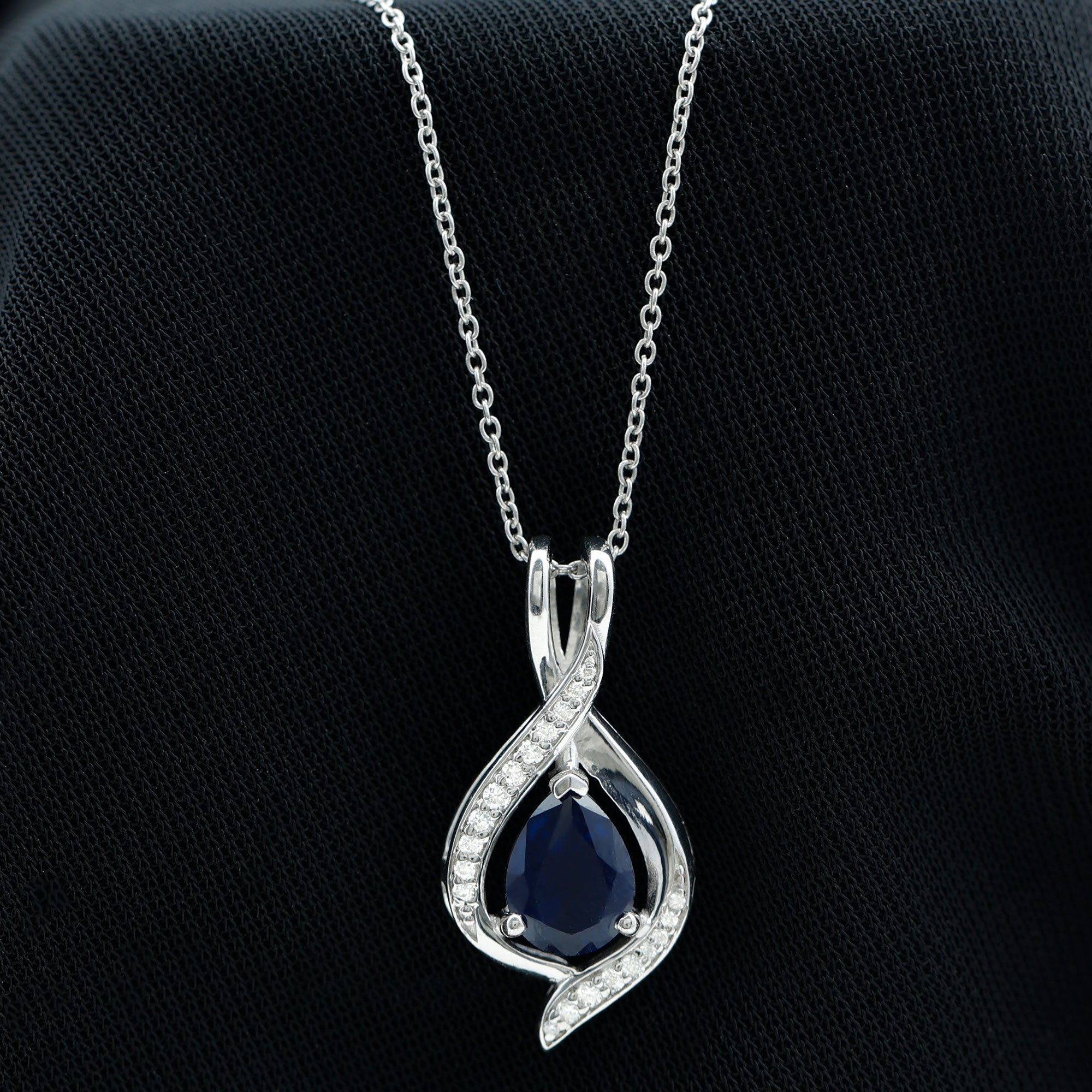 Certified Lab Created Blue Sapphire Teardrop Necklace with Moissanite