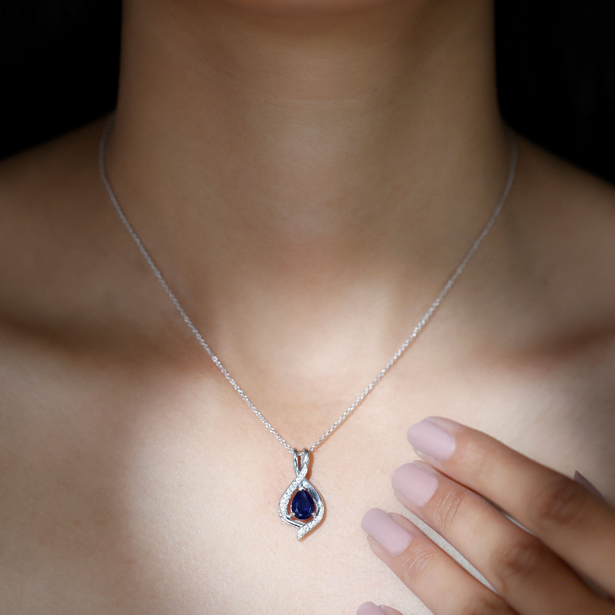 Certified Lab Created Blue Sapphire Teardrop Necklace with Moissanite