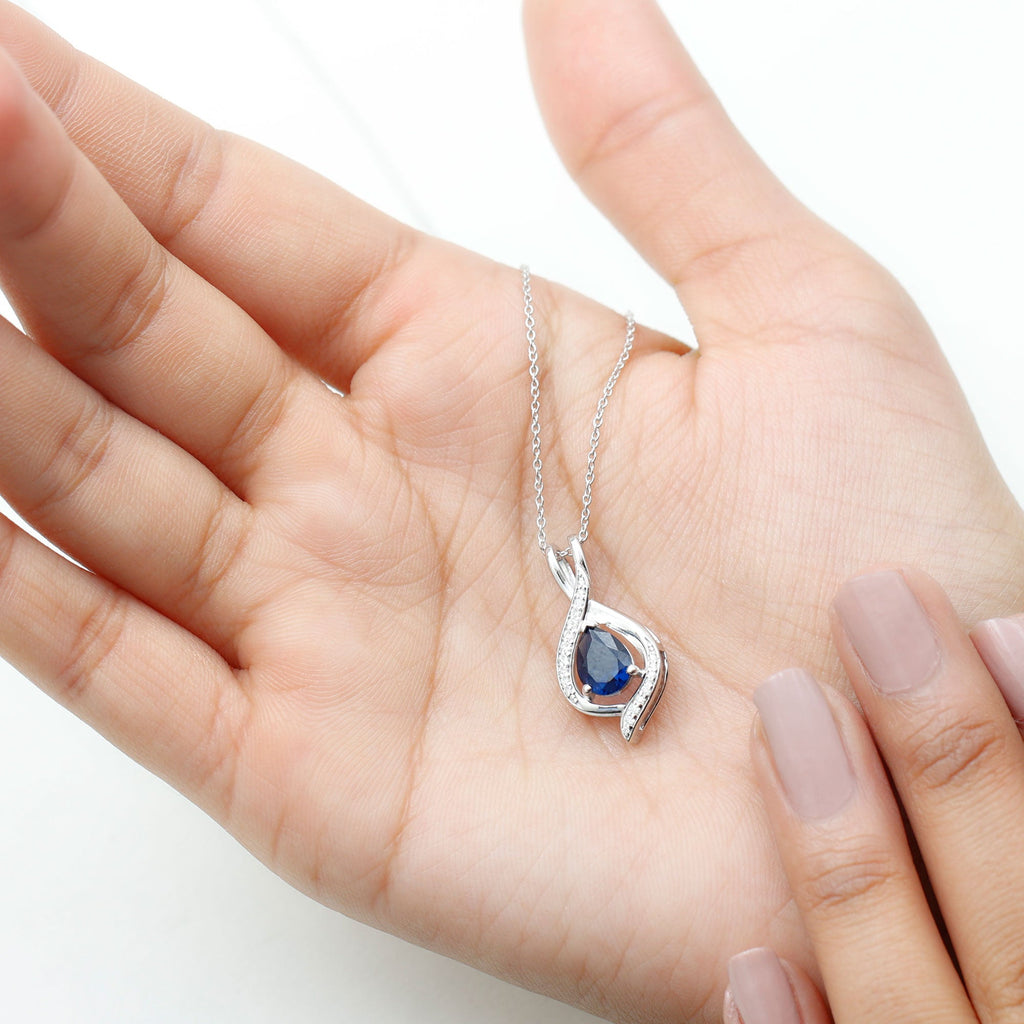 Certified Lab Created Blue Sapphire Teardrop Necklace with Moissanite
