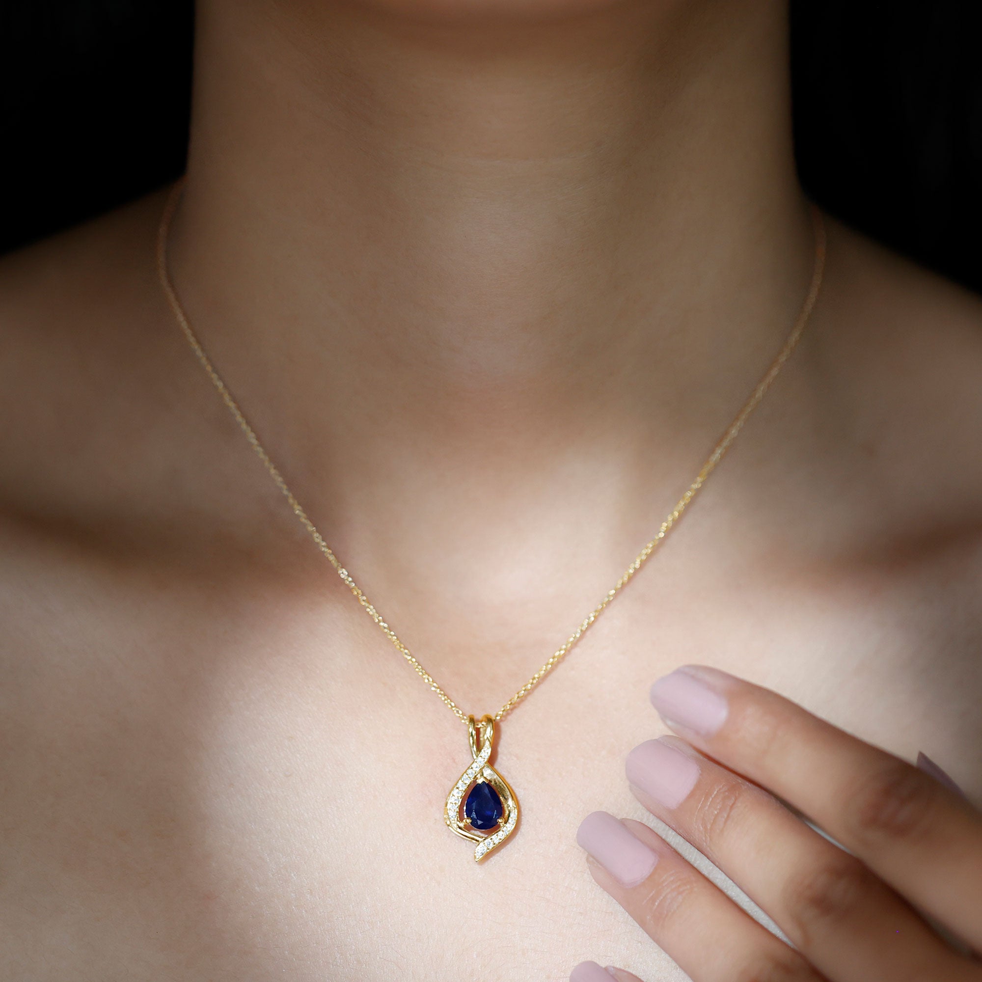Certified Lab Created Blue Sapphire Teardrop Necklace with Moissanite