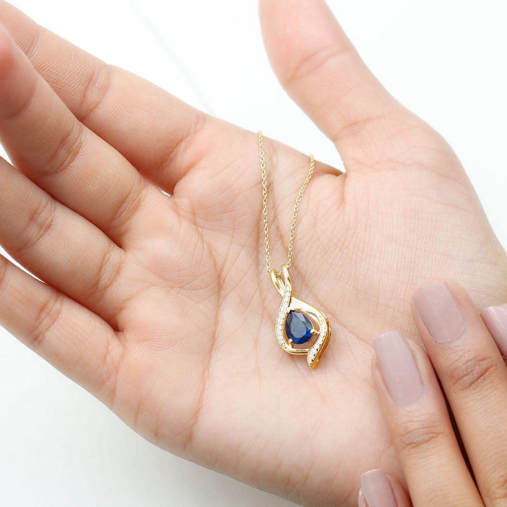 Certified Lab Created Blue Sapphire Teardrop Necklace with Moissanite