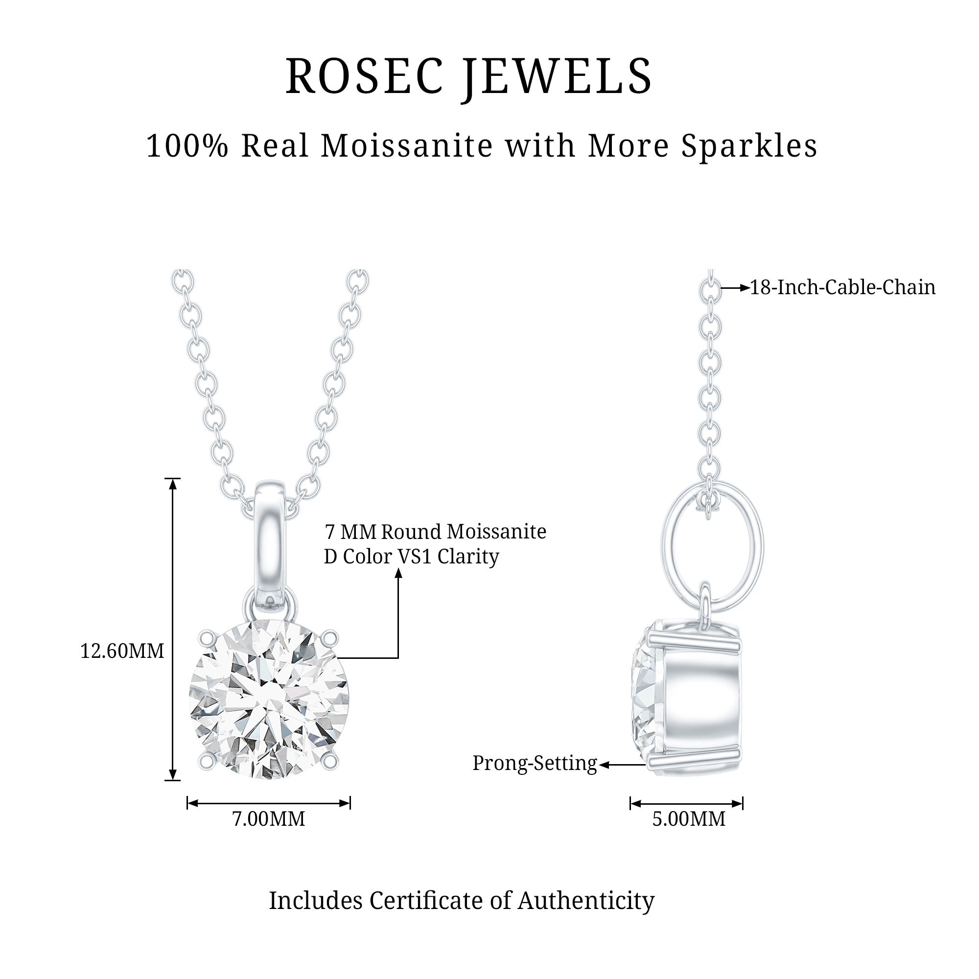 1 Carat Round Moissanite Solitaire Pendant Necklace in Prong Setting