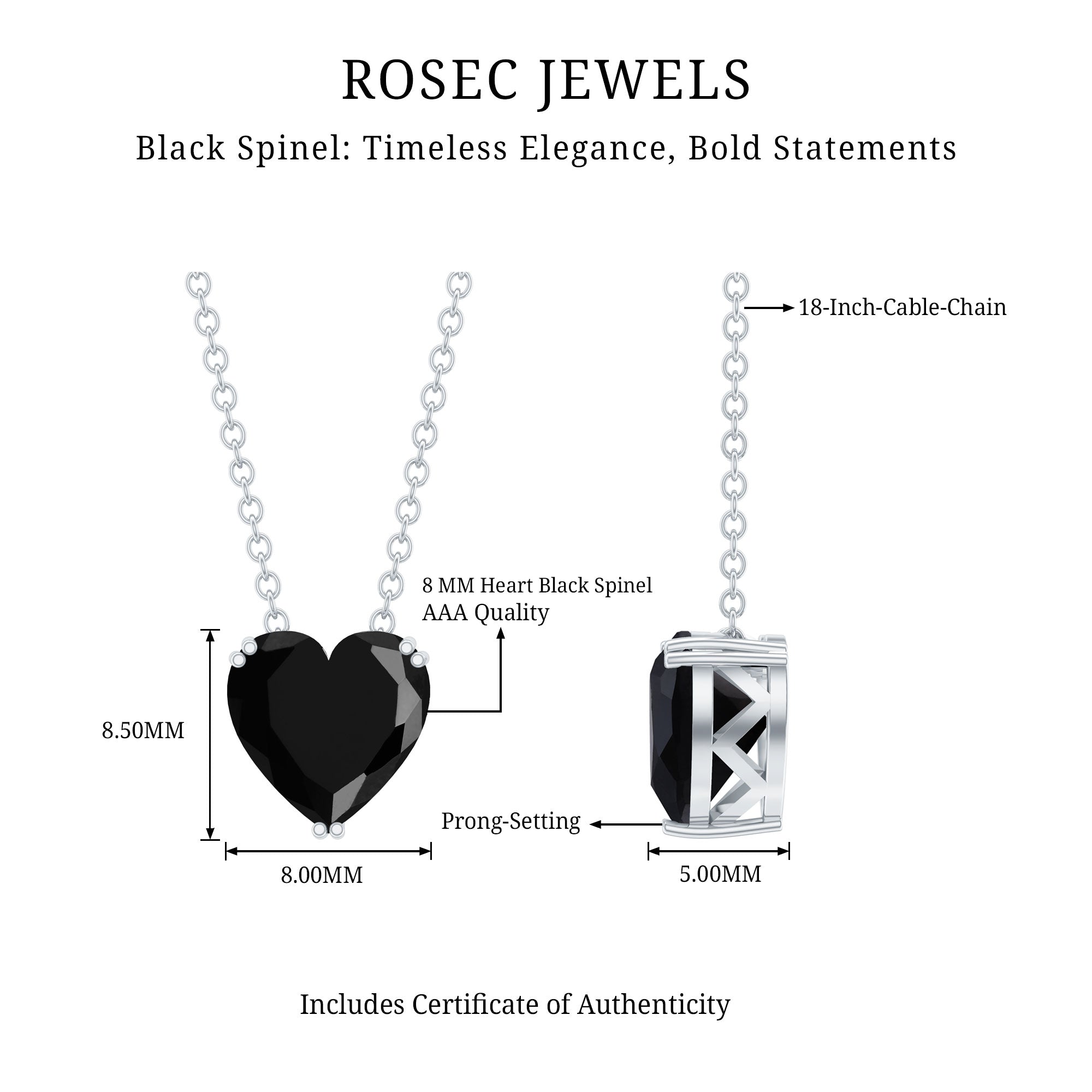 8MM Heart Shape Black Spinel Solitaire Necklace in Double Prong Setting