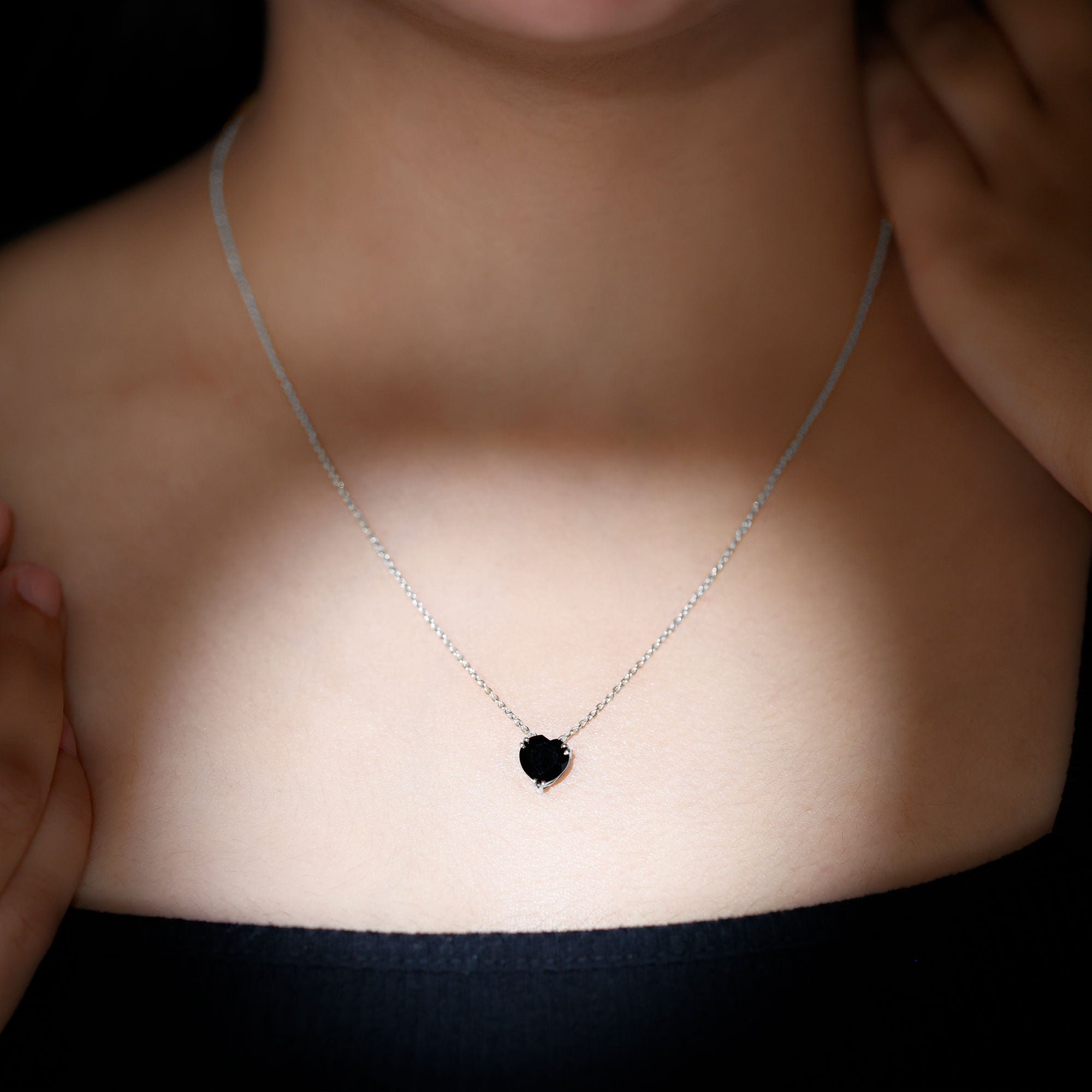 8MM Heart Shape Black Spinel Solitaire Necklace in Double Prong Setting