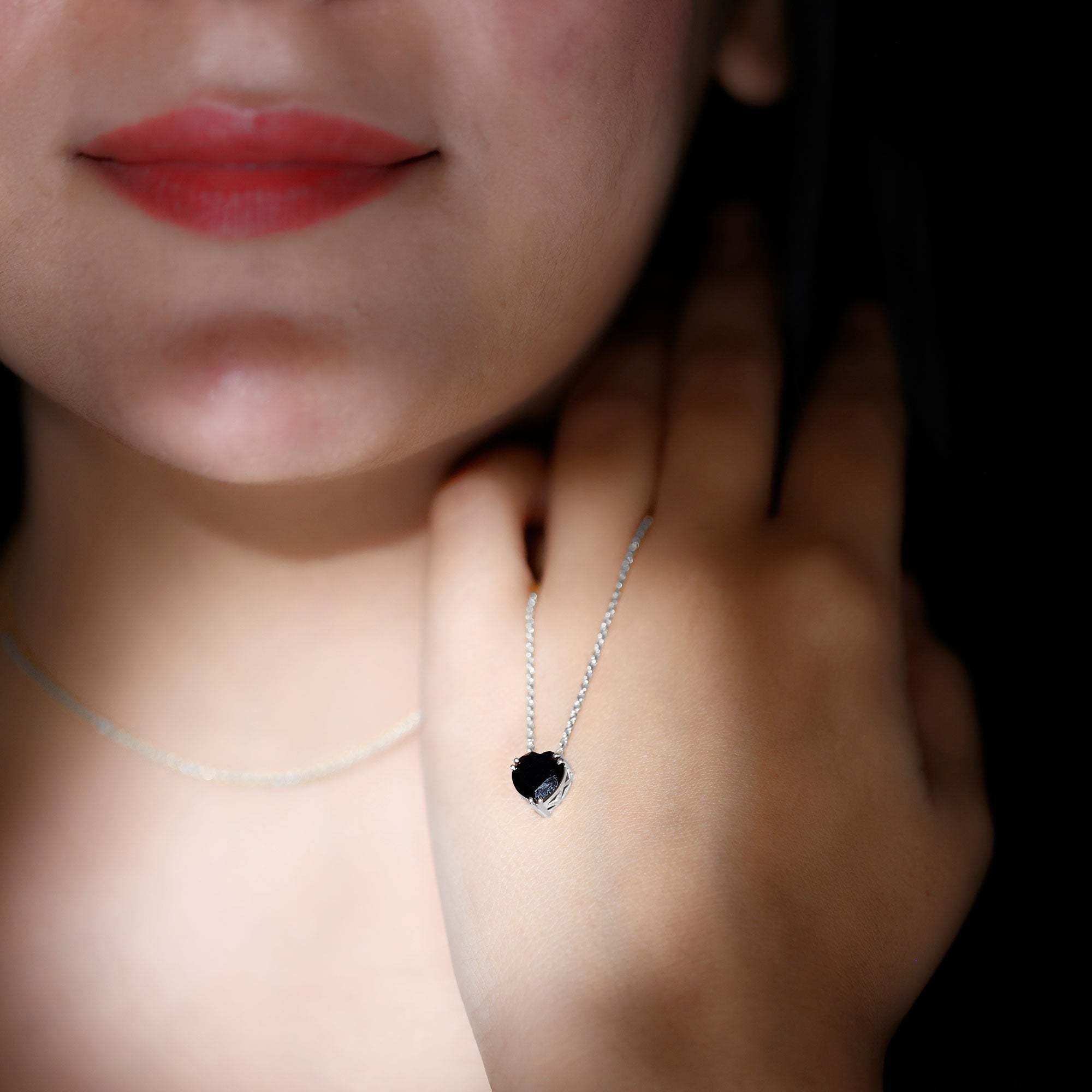 8MM Heart Shape Black Spinel Solitaire Necklace in Double Prong Setting