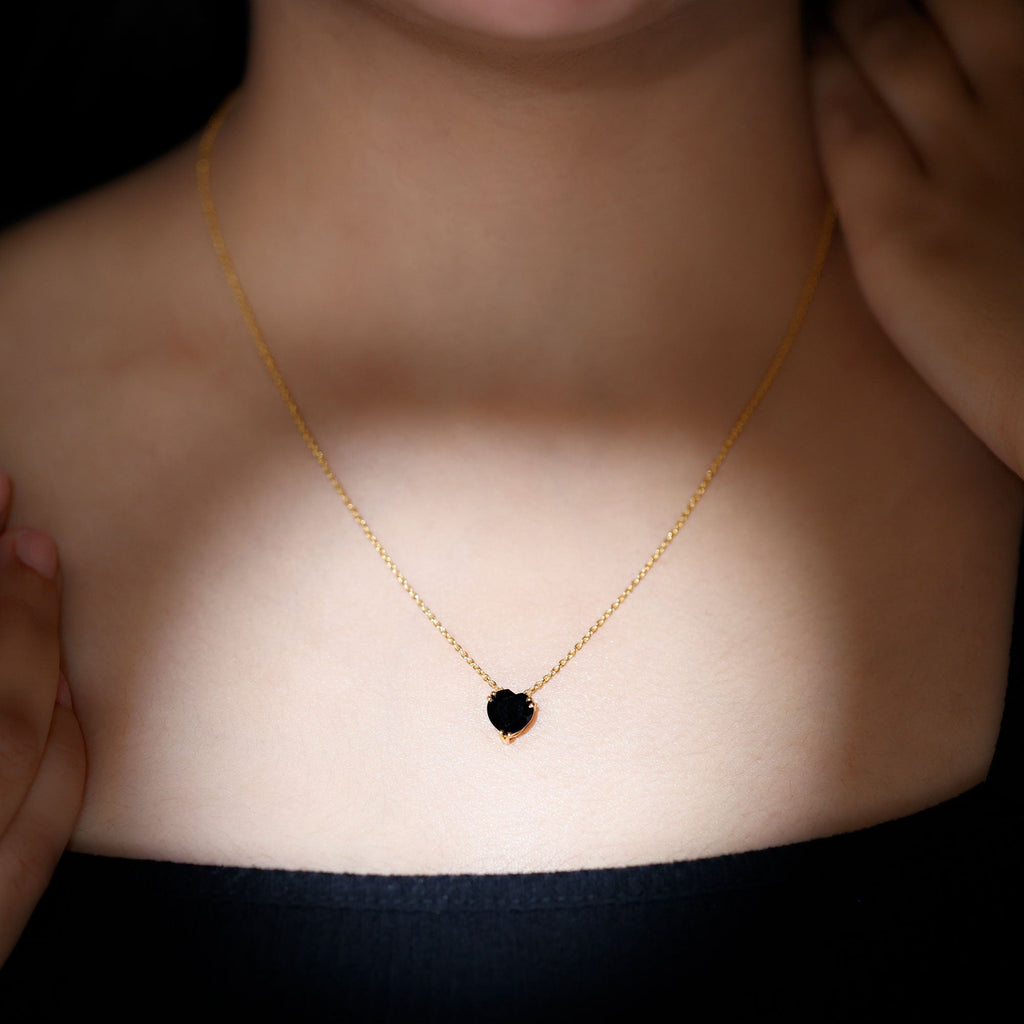8MM Heart Shape Black Spinel Solitaire Necklace in Double Prong Setting