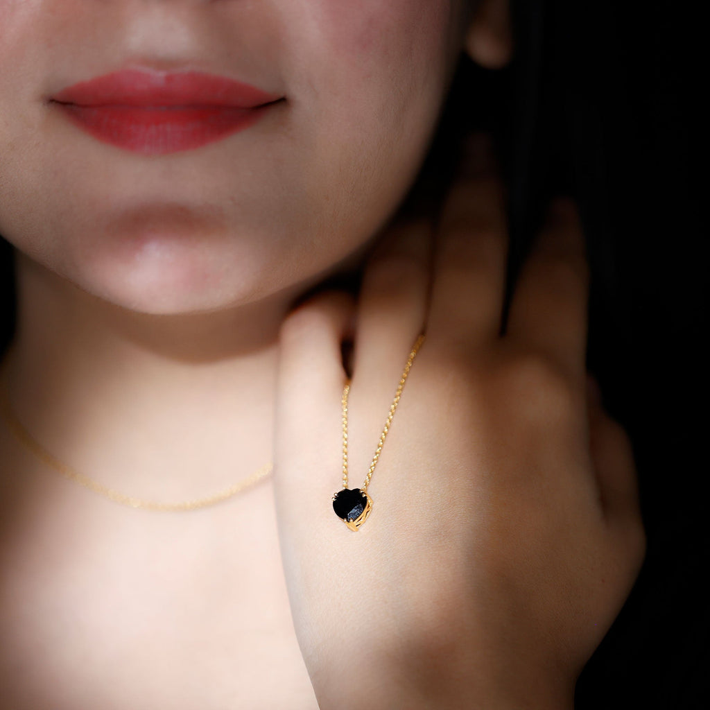 8MM Heart Shape Black Spinel Solitaire Necklace in Double Prong Setting