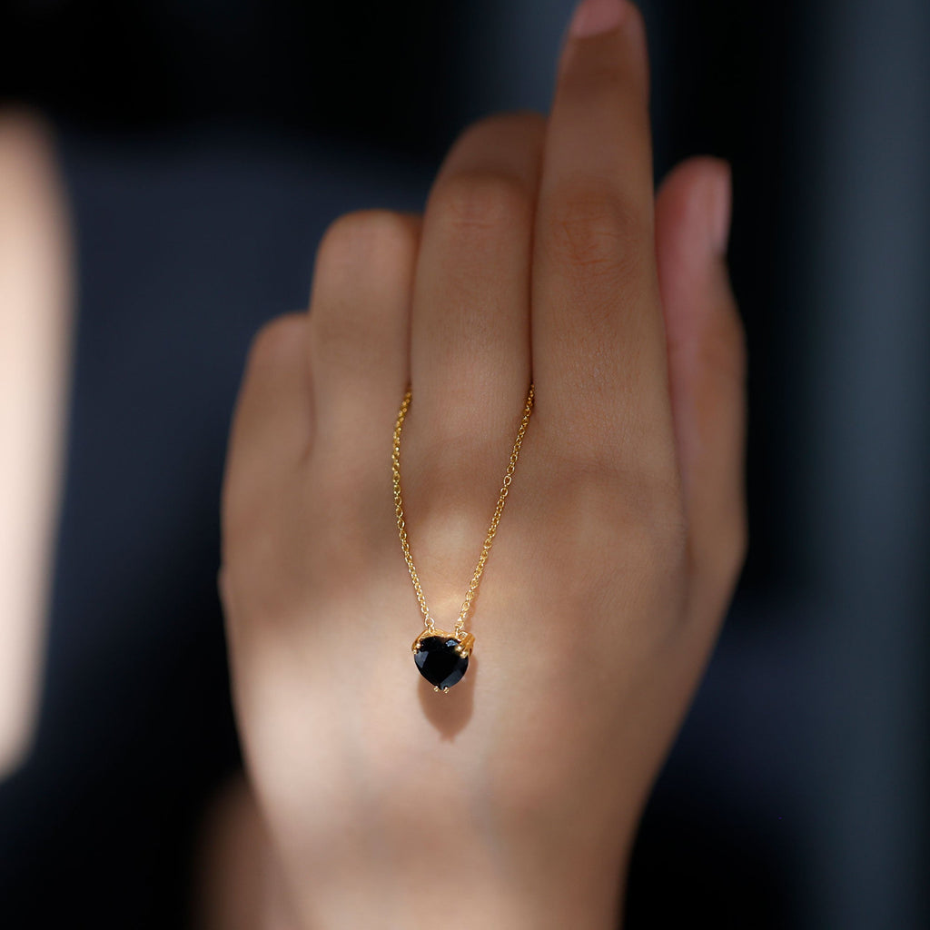 8MM Heart Shape Black Spinel Solitaire Necklace in Double Prong Setting