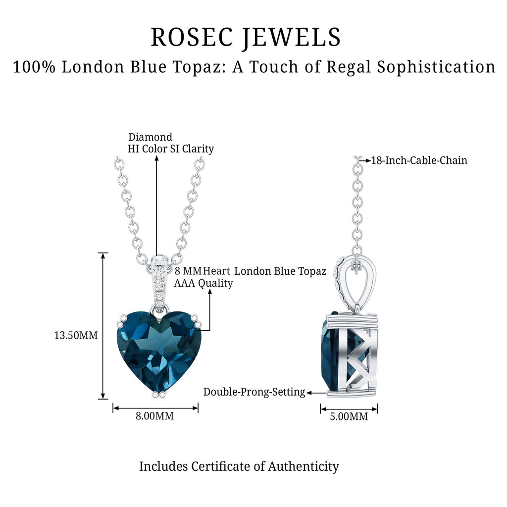 Certified London Blue Topaz 8MM Heart Necklace with Diamond