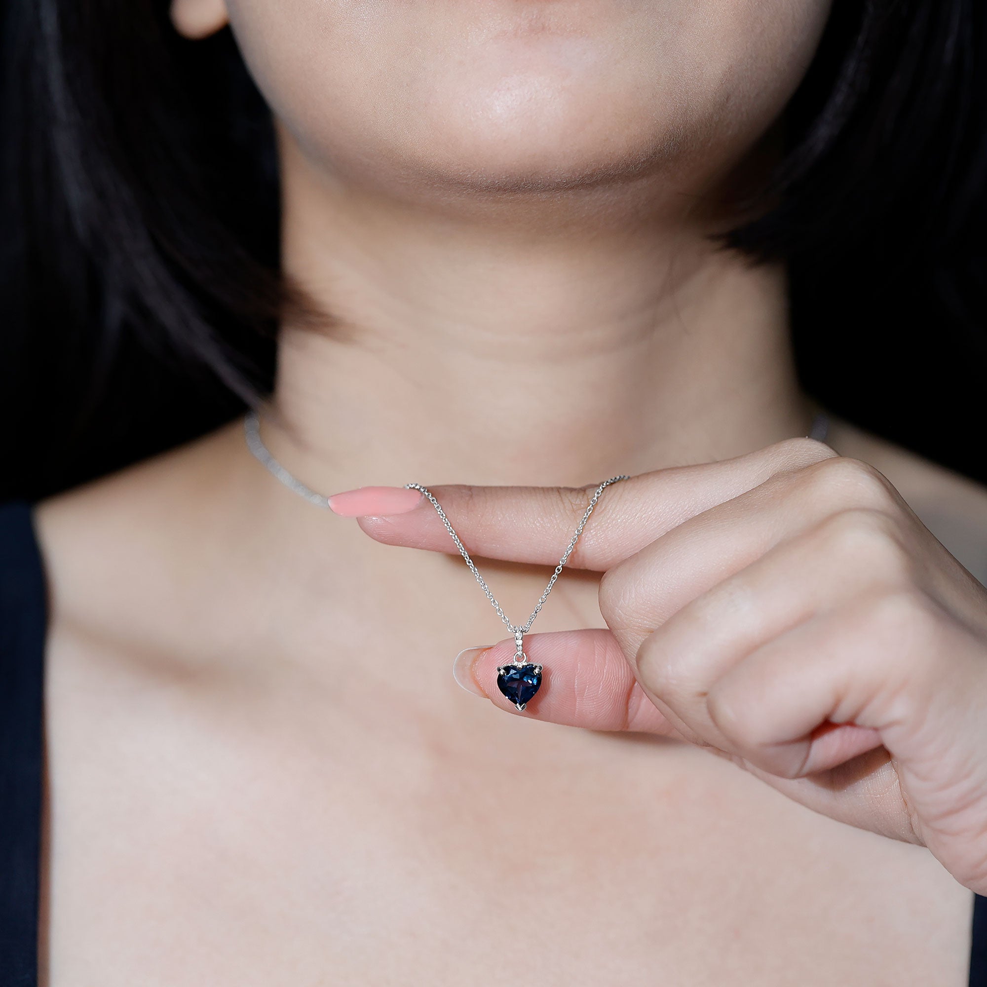 Certified London Blue Topaz 8MM Heart Necklace with Diamond