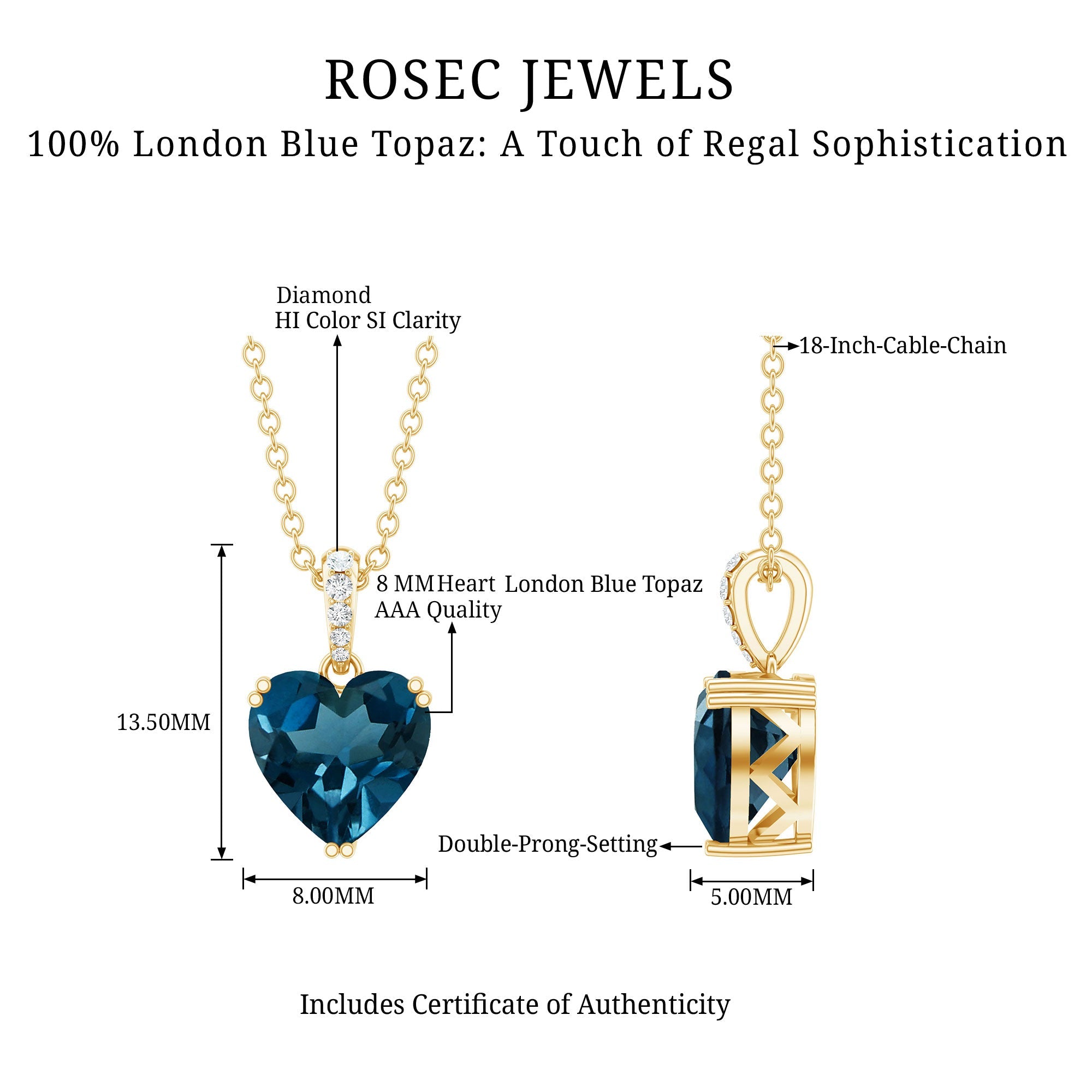 Certified London Blue Topaz 8MM Heart Necklace with Diamond