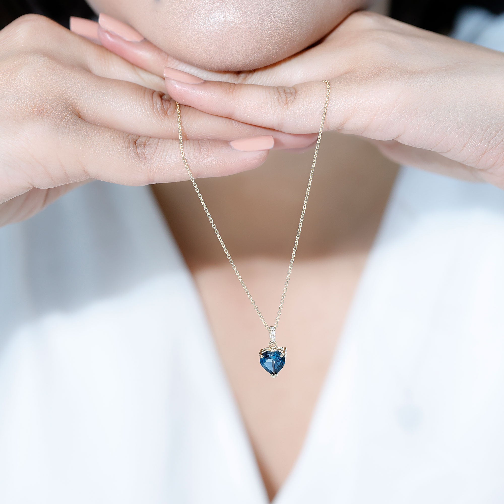 Certified London Blue Topaz 8MM Heart Necklace with Diamond