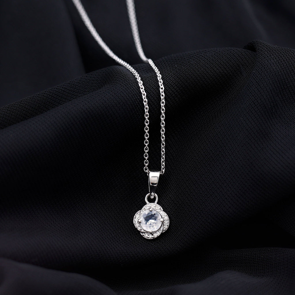 Moonstone and Diamond Flower Pendant Necklace