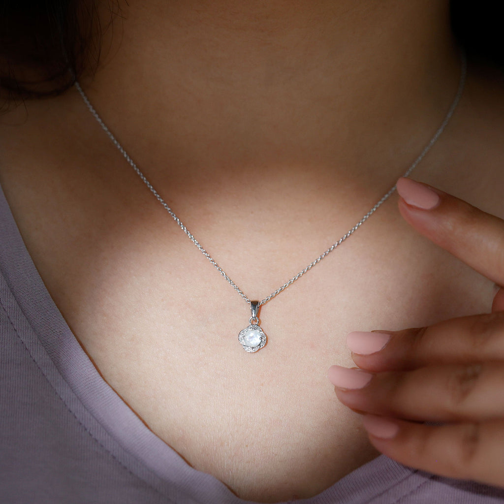 Moonstone and Diamond Flower Pendant Necklace