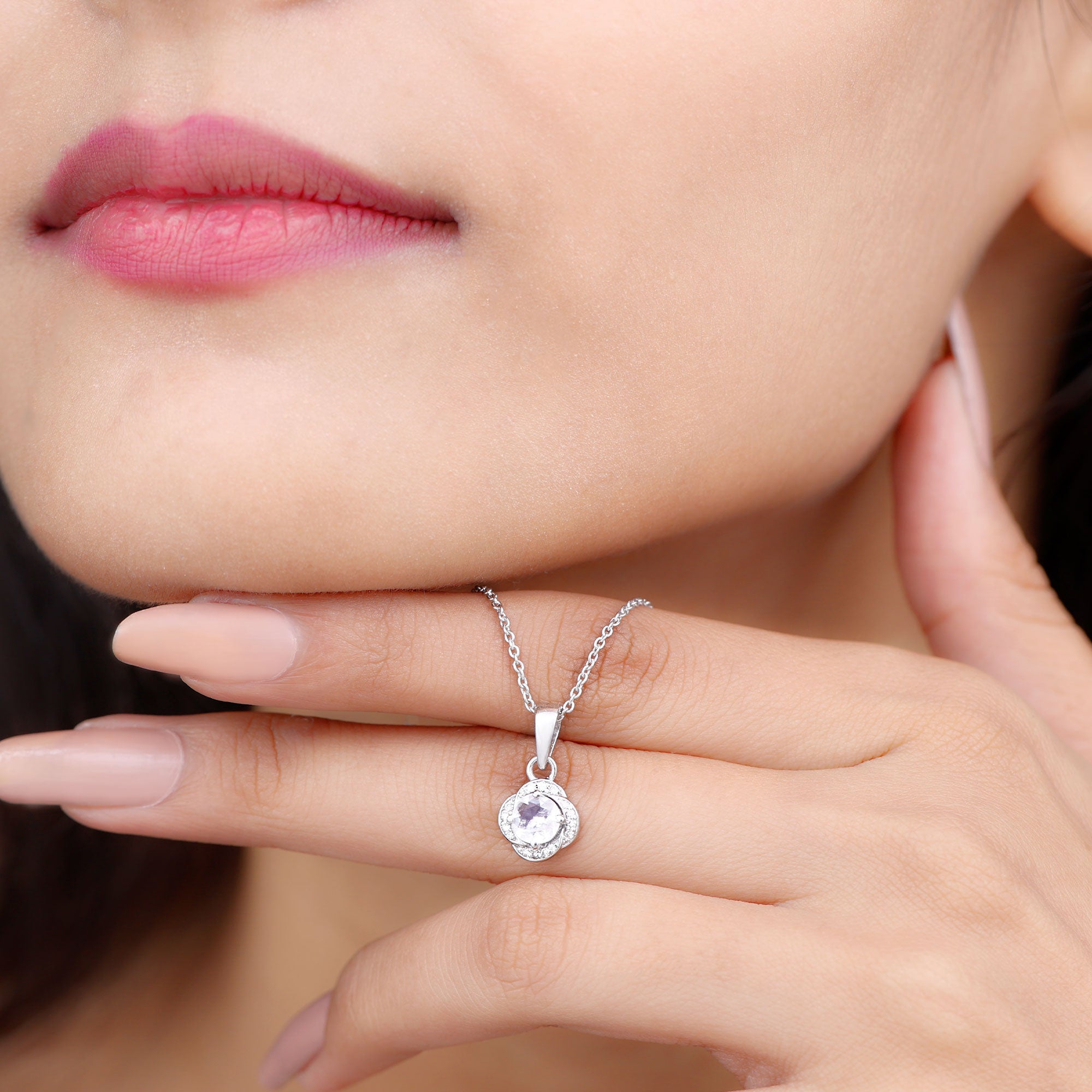 Moonstone and Diamond Flower Pendant Necklace