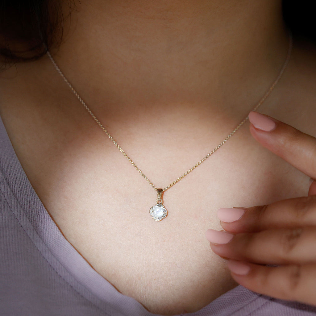 Moonstone and Diamond Flower Pendant Necklace