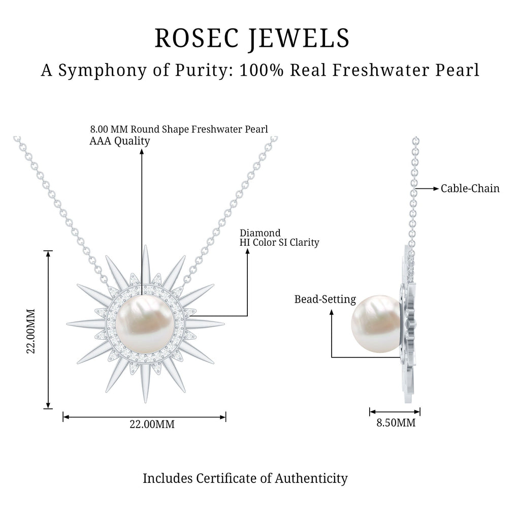 Natural Freshwater Pearl and Diamond Sunburst Pendant Necklace