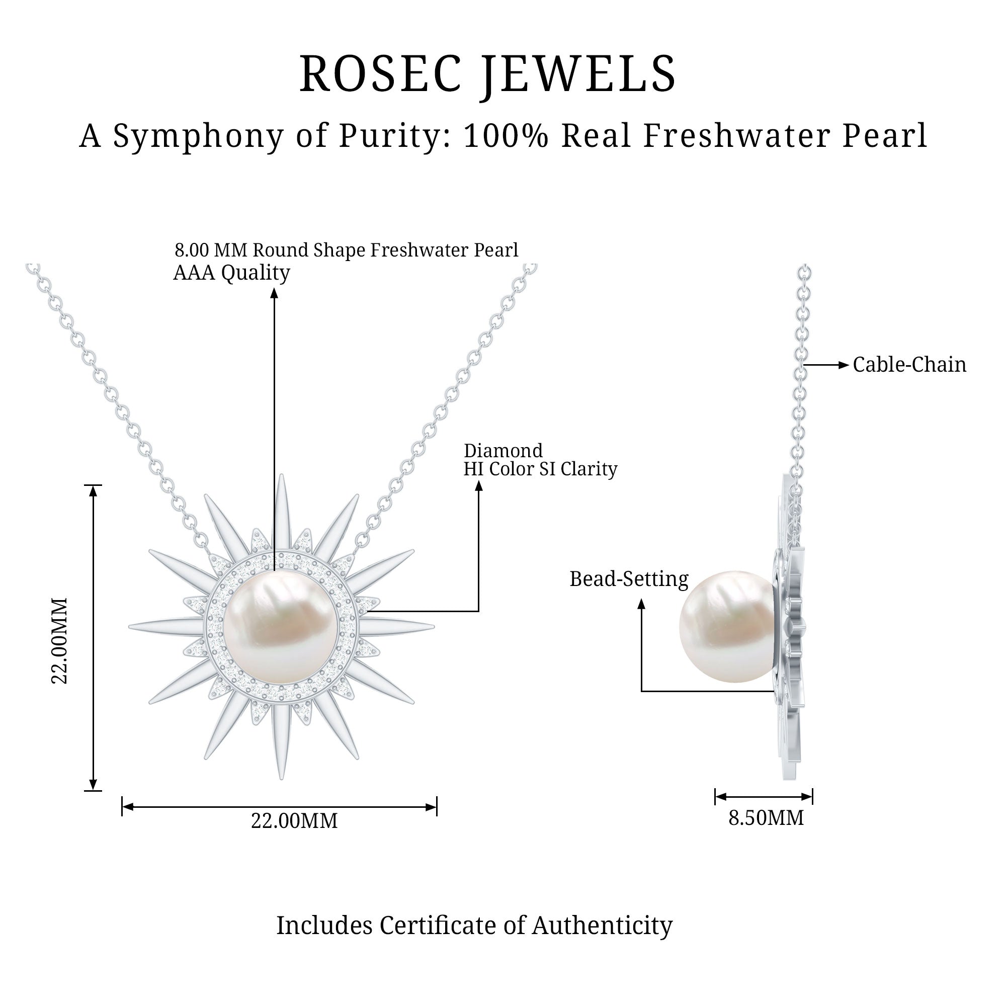 Natural Freshwater Pearl and Diamond Sunburst Pendant Necklace