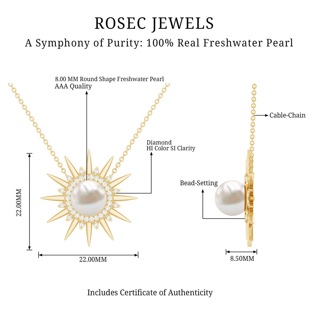 Natural Freshwater Pearl and Diamond Sunburst Pendant Necklace