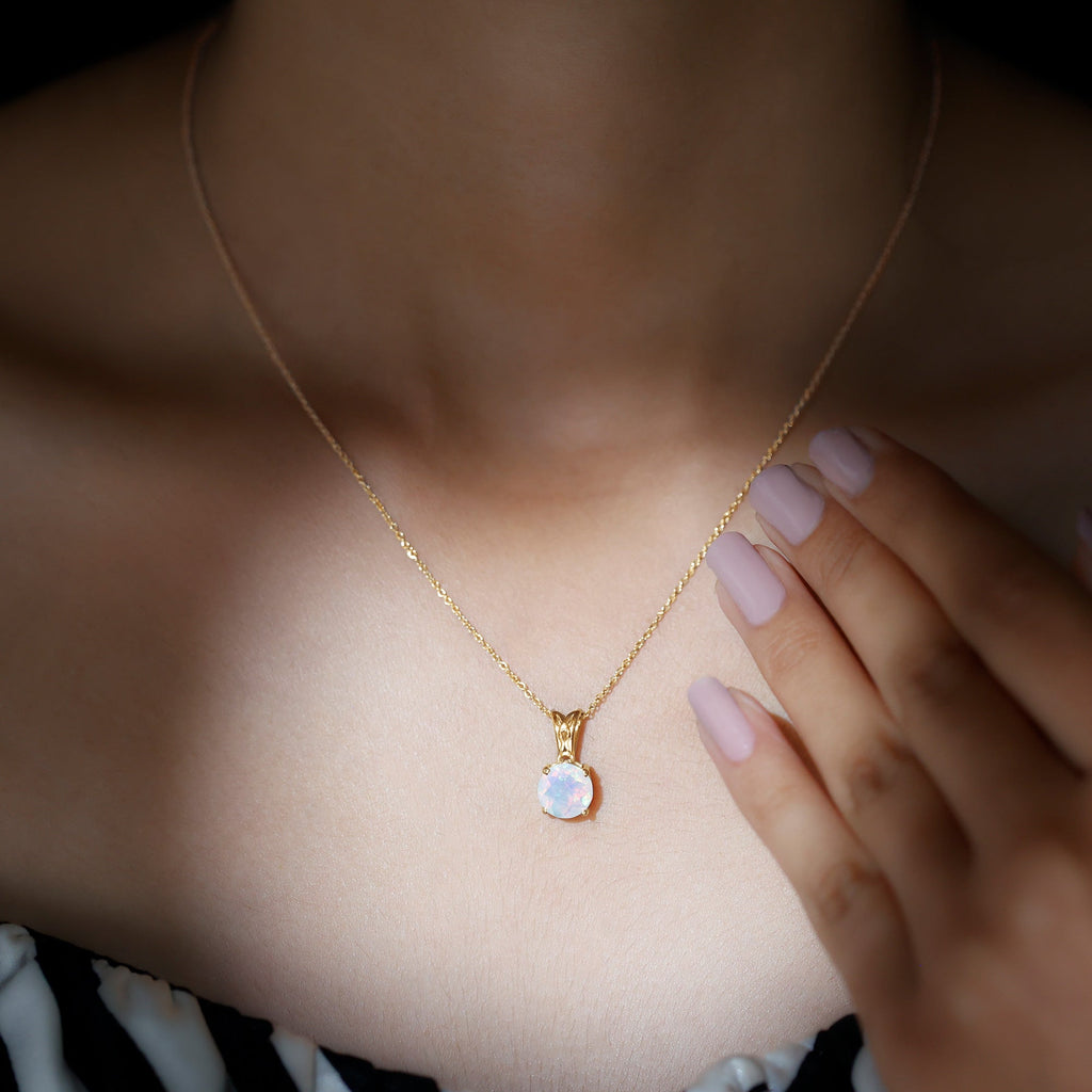 Real Ethiopian Opal Solitaire Pendant Necklace with Chain