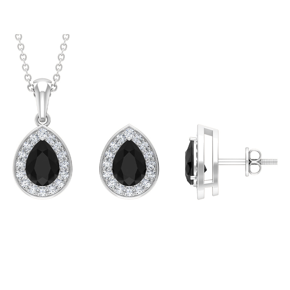 Natural Black Onyx Teardrop Pendant and Earrings Set with Moissanite