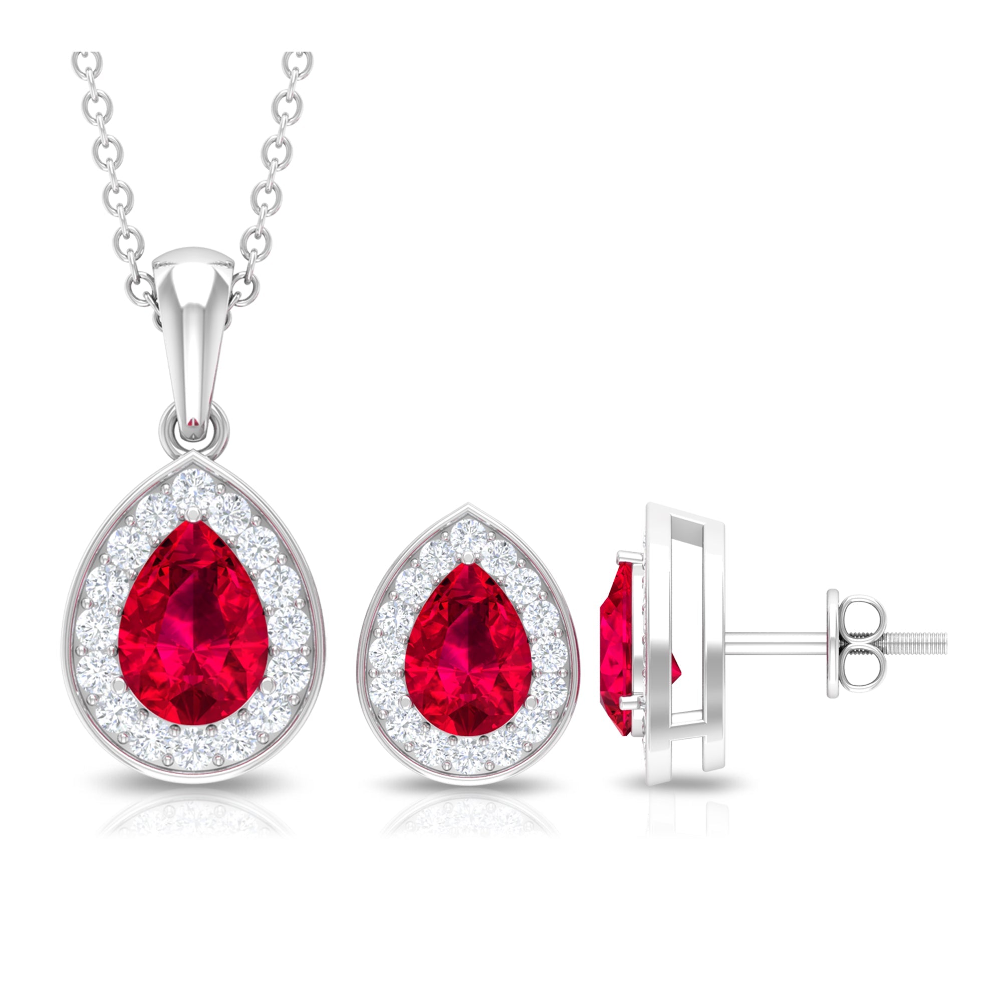 Created Ruby Teardrop Jewelry Set with Moissanite Halo