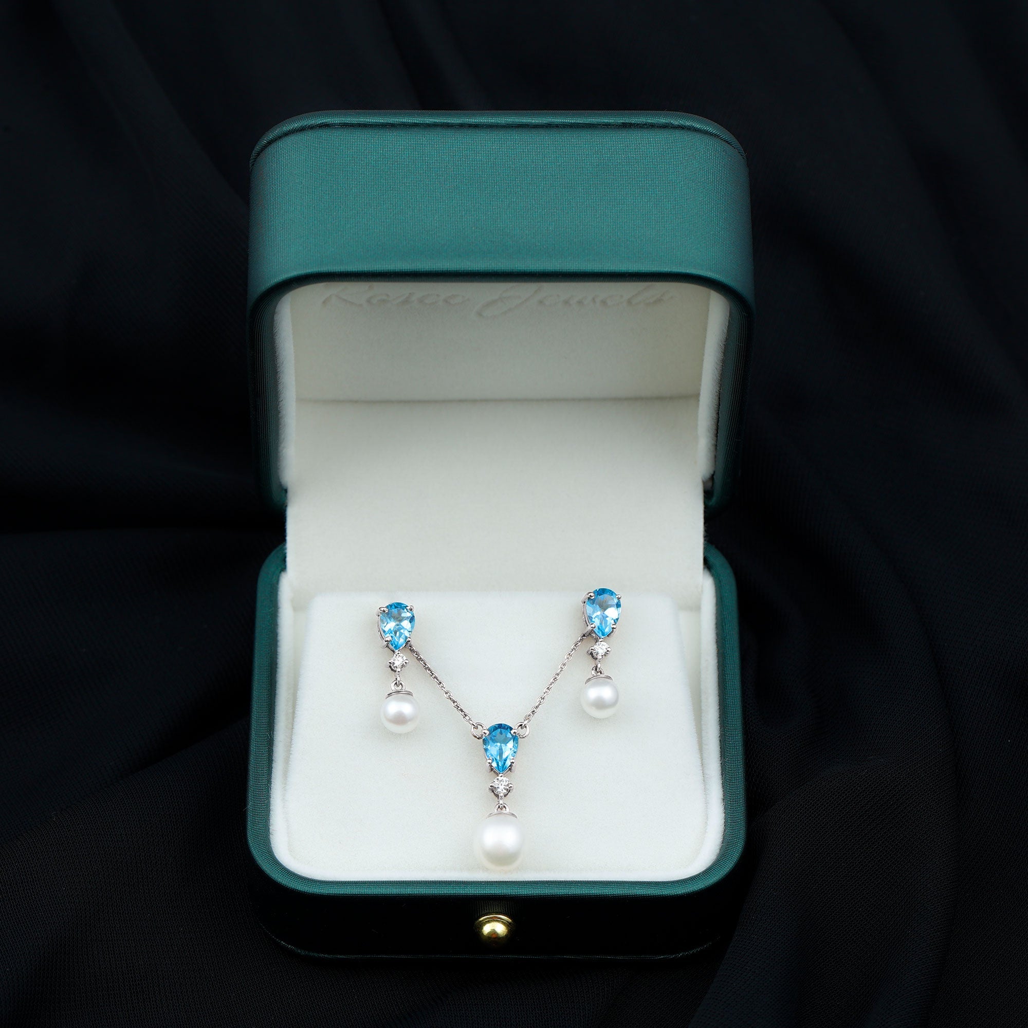 Swiss Blue Topaz and Diamond Jewelry Set with Freshwater Pearl Drop