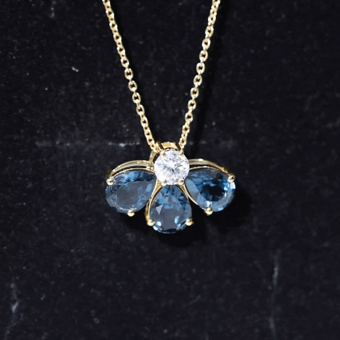 Real 2.37 Carat Pear Cut London Blue Topaz Flower Necklace