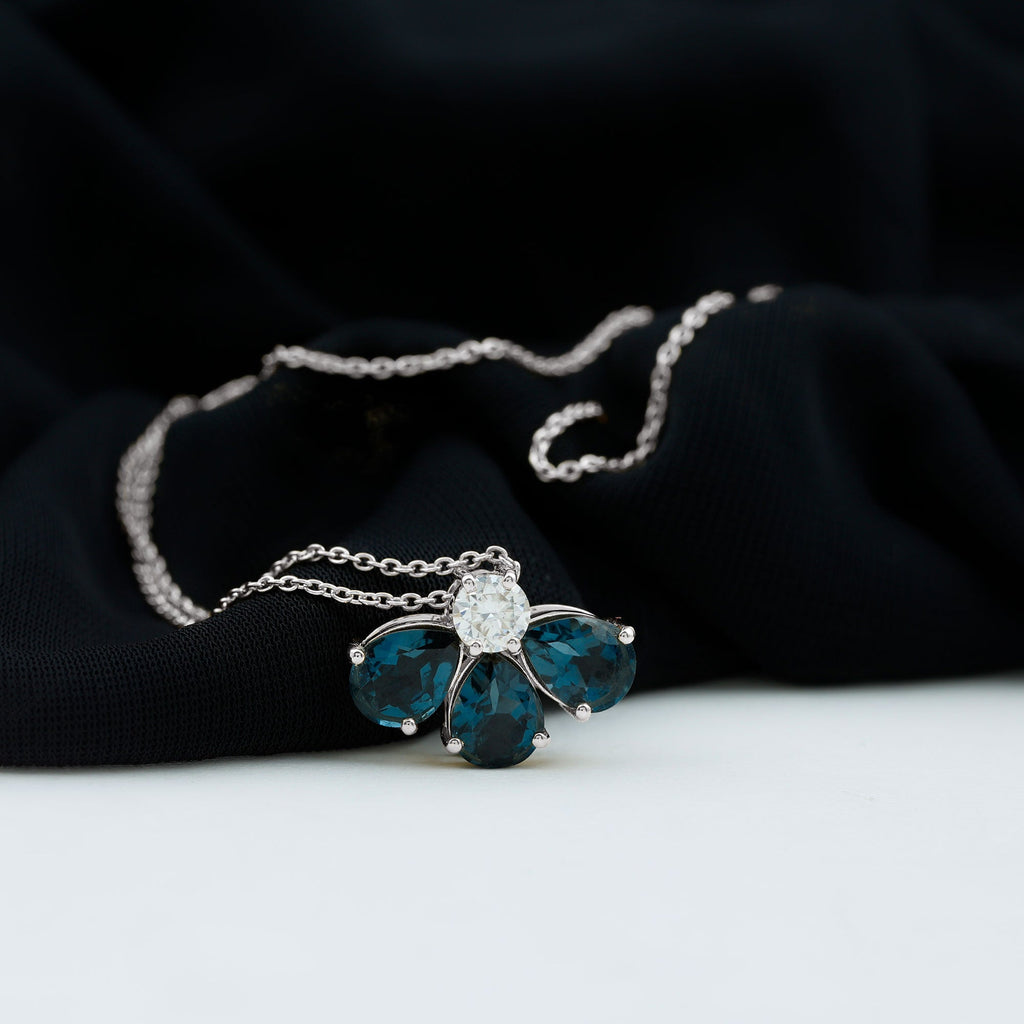 Real 2.37 Carat Pear Cut London Blue Topaz Flower Necklace